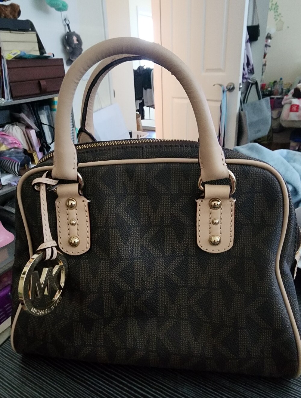 Michael Kors Brown Logo Satchel with Beige Trim